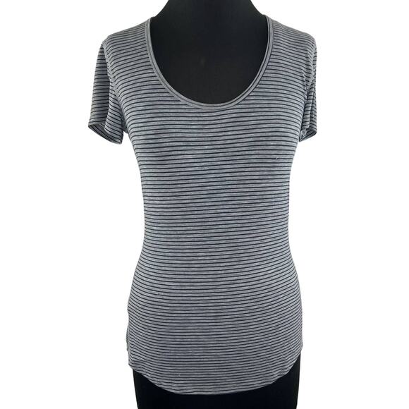 LUCY Athletic Scoop Neck Short Sleeve Gray Black Striped Workout T-Shirt Size XS - Picture 1 of 11